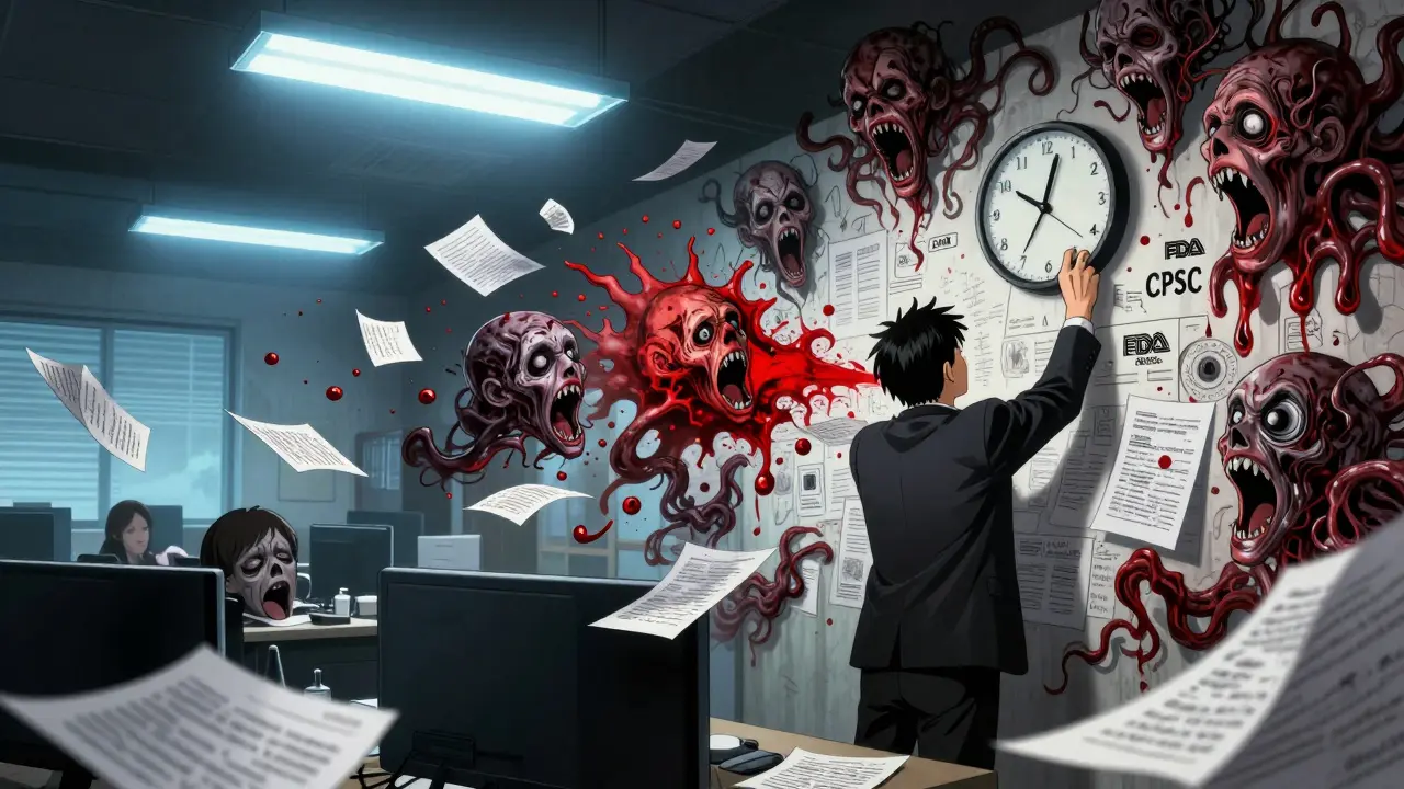 Un bureau en chaos où des documents deviennent des visages hurlants, des symboles réglementaires rampant sur les murs, une horloge à doigts humains.