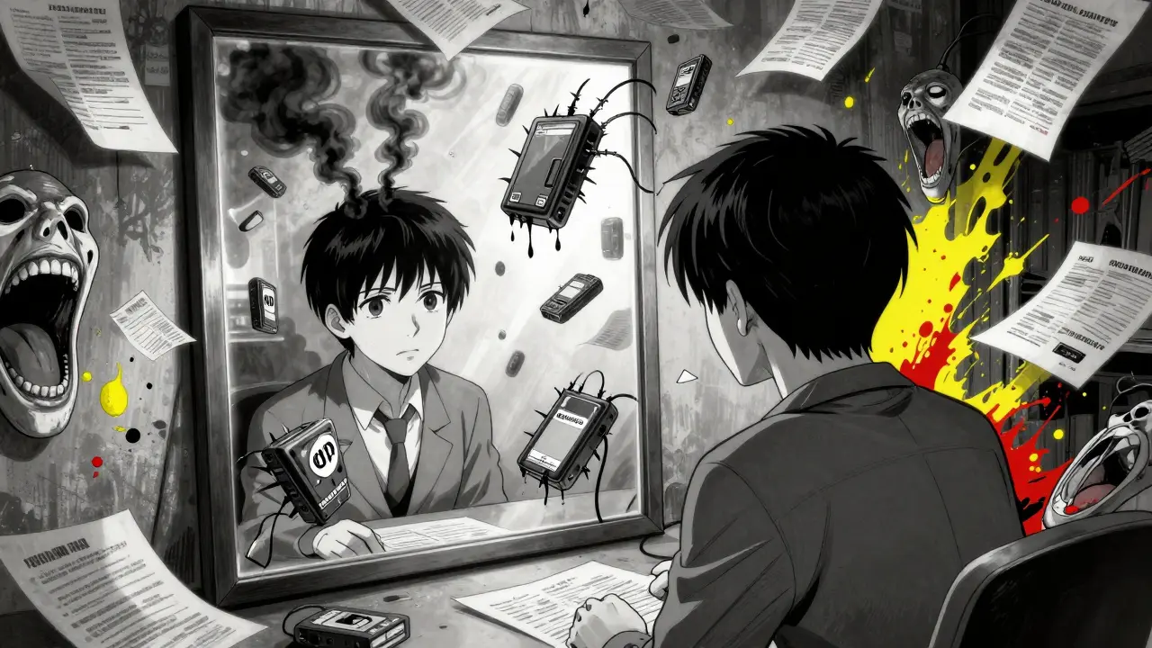 Un chef d'entreprise regarde un miroir reflétant mille appareils défectueux, certains saignants, d'autres percés de fils, la pièce se désintègre en papiers hurlants.