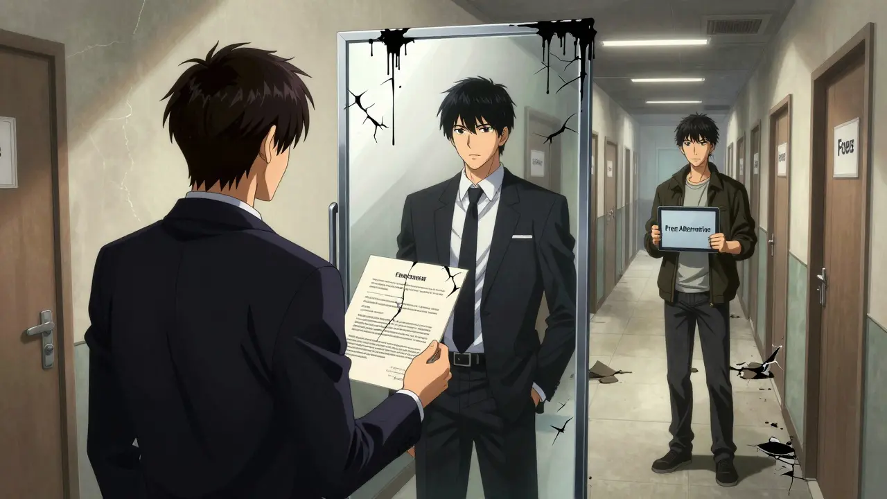 Un homme regardant un miroir qui montre deux versions de lui-même : l'une avec un contrat cher, l'autre avec une alternative gratuite.