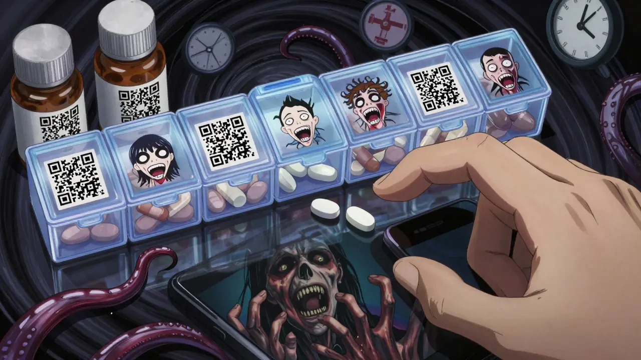 Un organiseur de comprimés dont chaque pilule devient un visage hurlant, reflété dans un miroir comme une créature monstrueuse.