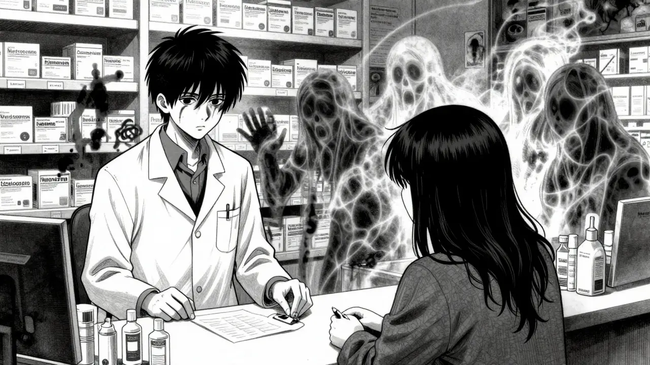 Un patient hésitant à la pharmacie, des ombres en forme de molécules d'opioïdes, des figures fantomatiques derrière lui.