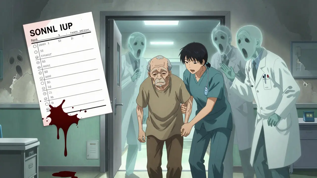 Un patient sortant de l'hôpital entouré d'ombres fantomatiques de professionnels de santé, avec des ordonnances qui gouttent comme du sang.