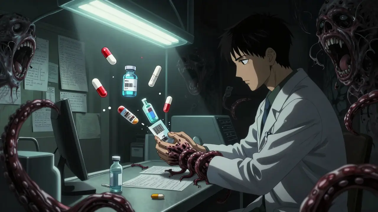 Un pharmacien est envahi par des barres de code transformées en tentacules, des pilules flottantes comme esprits maudits.
