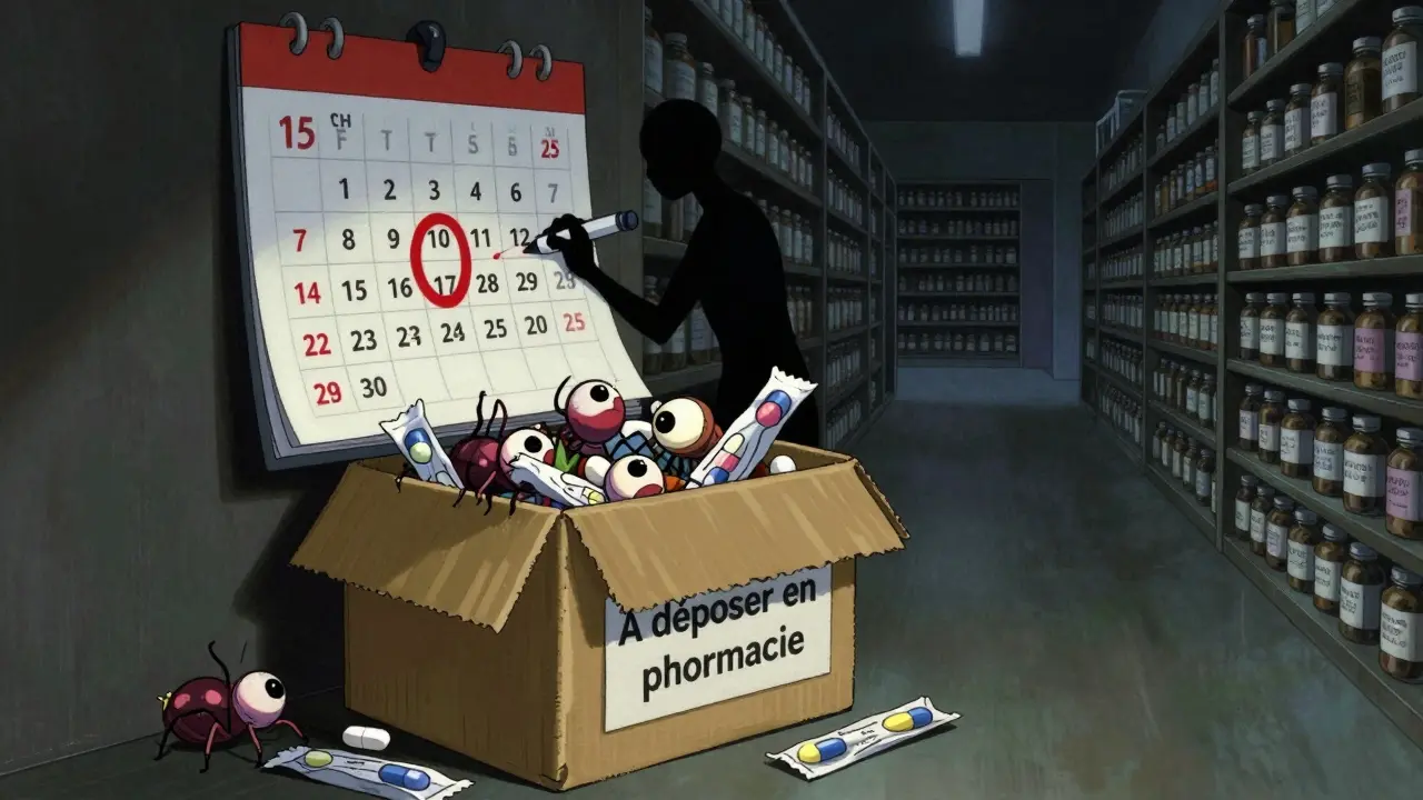 Une boîte de médicaments à recycler remplie de comprimés qui rampent comme des insectes, dans un décor d'horreur psychologique.