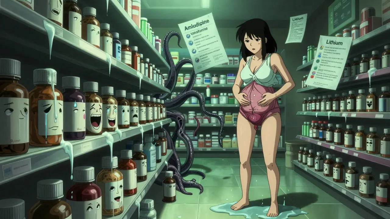 Une femme dont le corps se transforme en vessie gonflée, tandis que des bouteilles de médicaments aux visages pleurent des liquides sur une étagère de pharmacie.