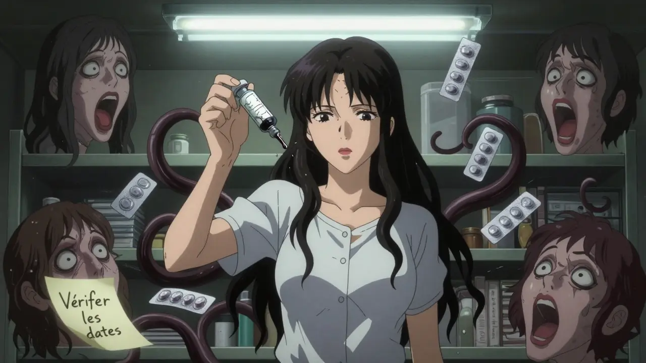 Une femme tenant une insuline périmée dont le liquide se transforme en tentacules, entourée de visages hurlants.
