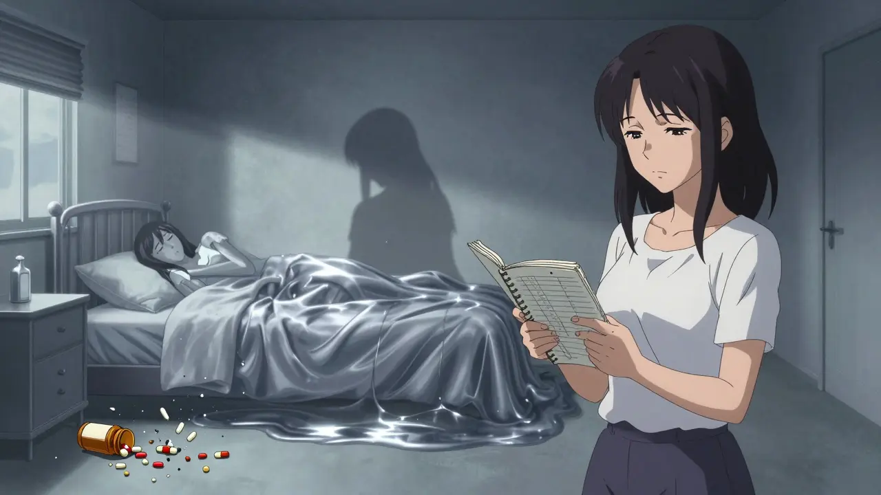 Une femme tient un journal de sommeil, son ombre se transforme en une version apaisée d'elle-même, les pilules se désintègrent à ses pieds.