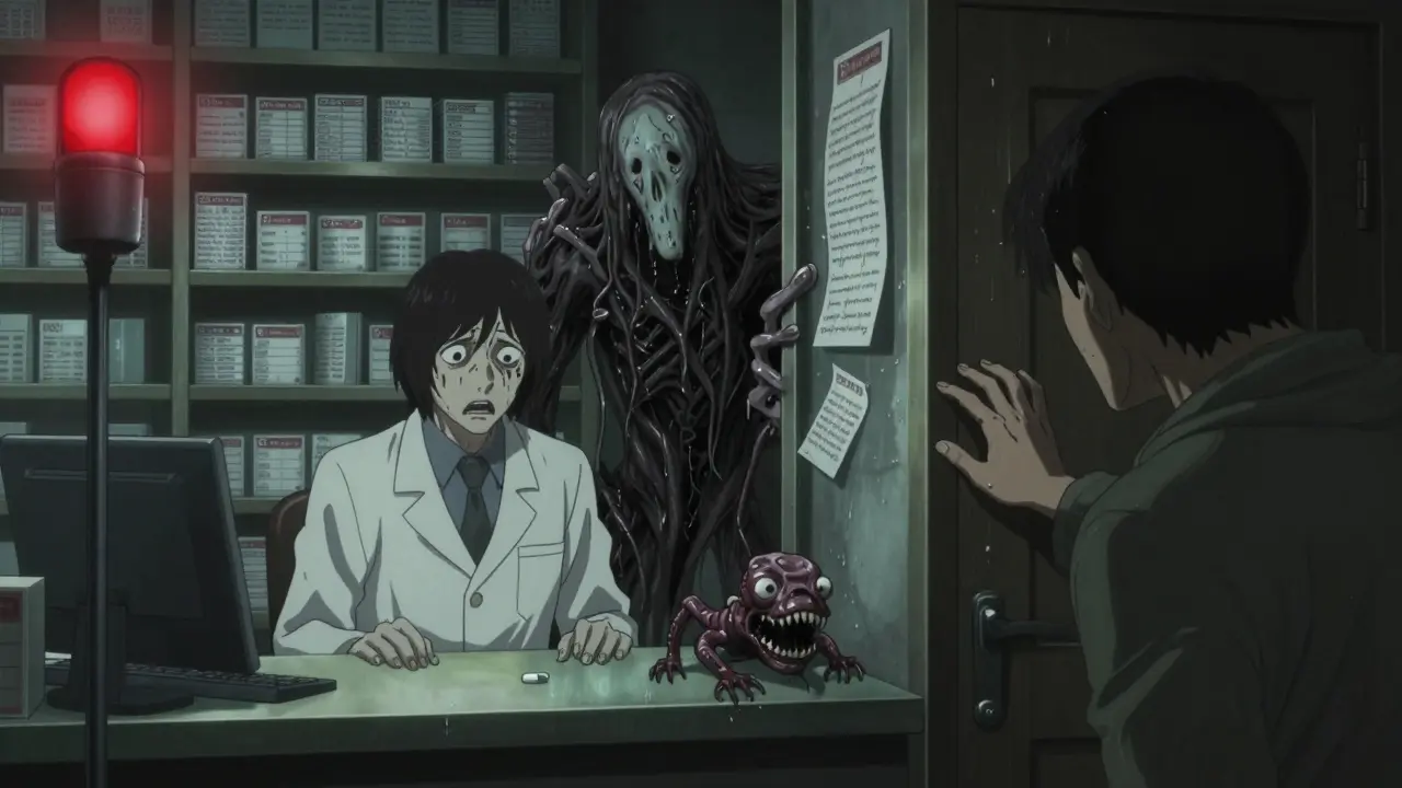 Une lumière rouge clignote tandis qu'une créature de prescriptions monte derrière un pharmacien pétrifié.