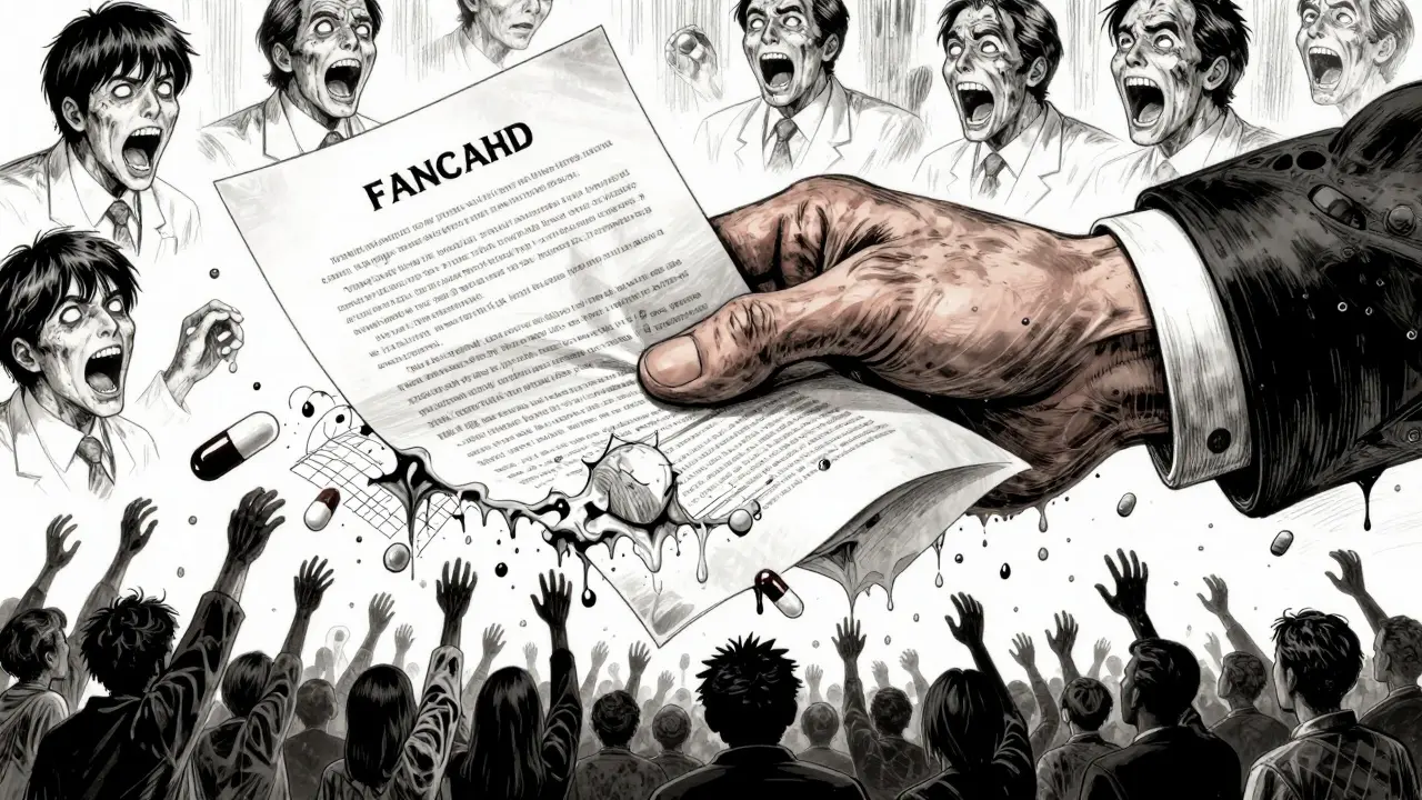 Une main corporelle serre des brevets vivants, tandis que des patients tentent de s'échapper sous forme de pilules, dans un fond de visages hurlants.