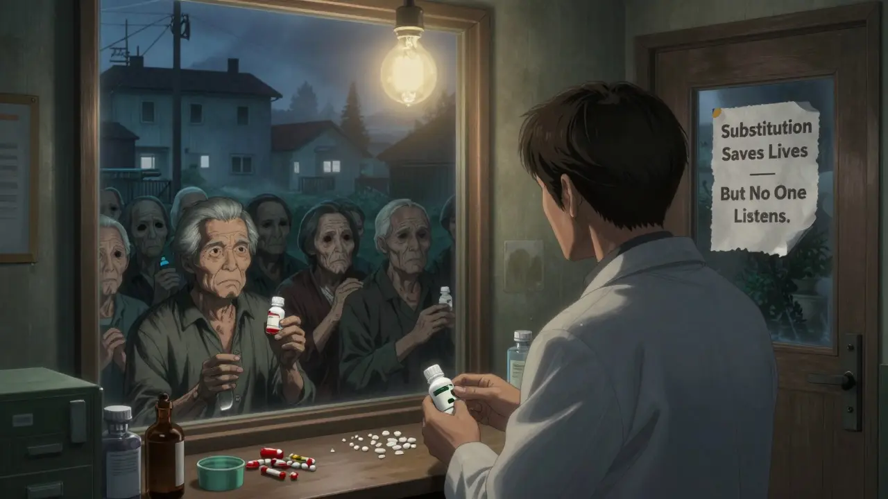 Une pharmacie rurale isolée où un pharmacien voit des fantômes de patients menacés par des médicaments dangereux.