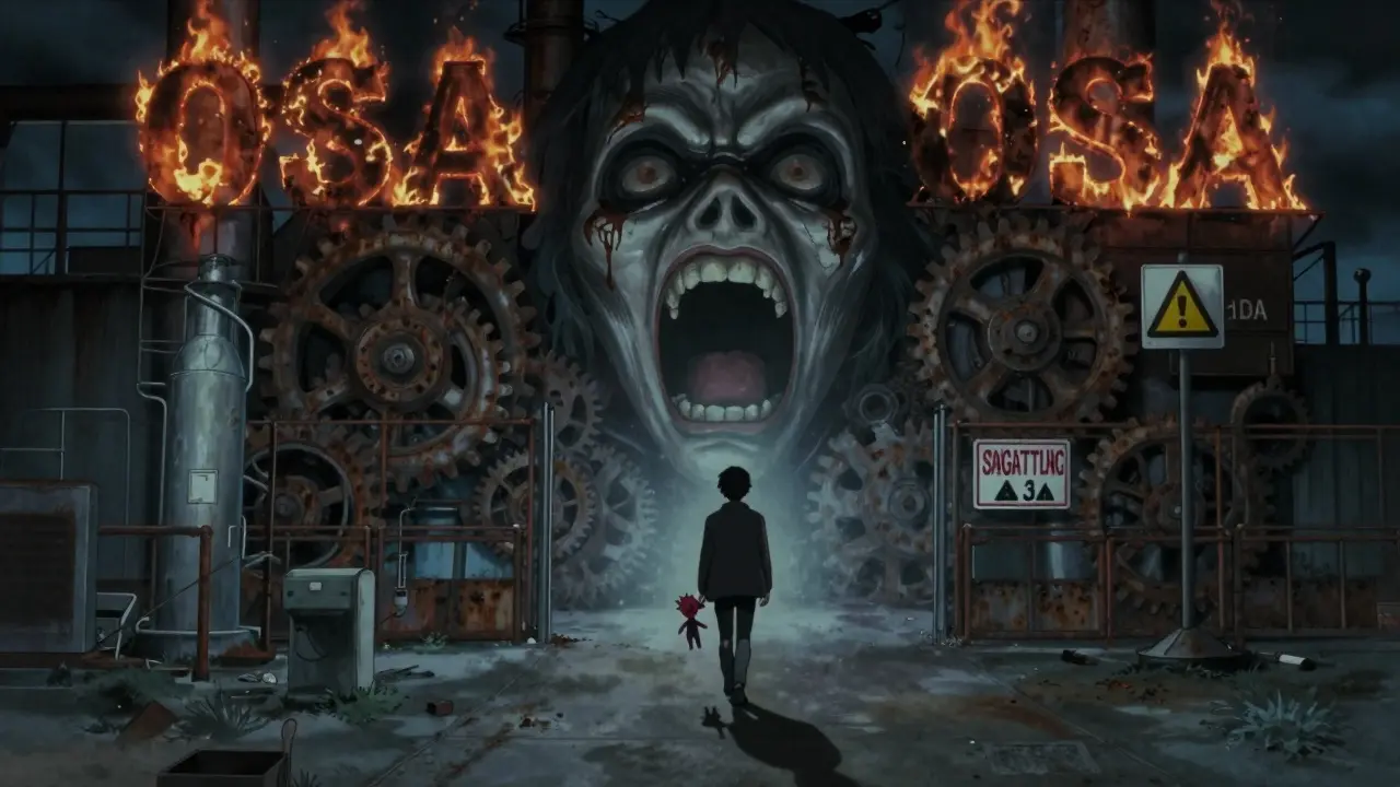 Une silhouette s'éloigne, son ombre devient un enfant avec un jouet empoisonné, l'usine devient un visage hurlant.