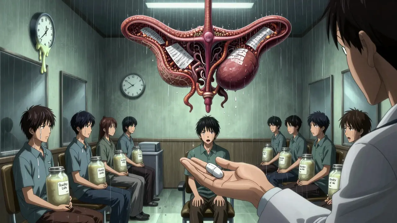 Une vessie humaine déchiquetée flotte dans une pièce, ses parois couvertes d'ordonnances vivantes, tandis qu'une montre fond en urine.