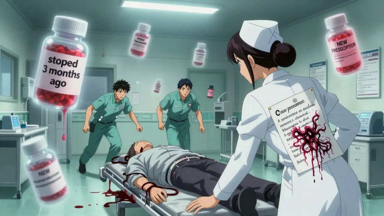 Urgence hospitalière avec des comprimés fantômes qui gouttent du sang, dans un style Junji Ito.