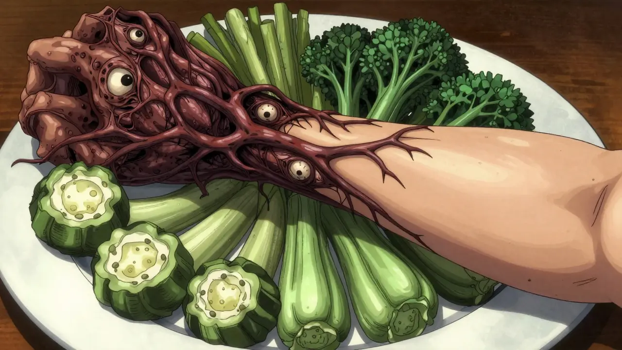 Bras avec veines divergentes : partie monstrueuse et partie saine intégrées à des légumes