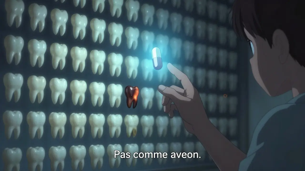 Des dents d'enfants flottantes, la plupart saines, avec trois tachées, une pilule bleue émettant une lueur apaisante.