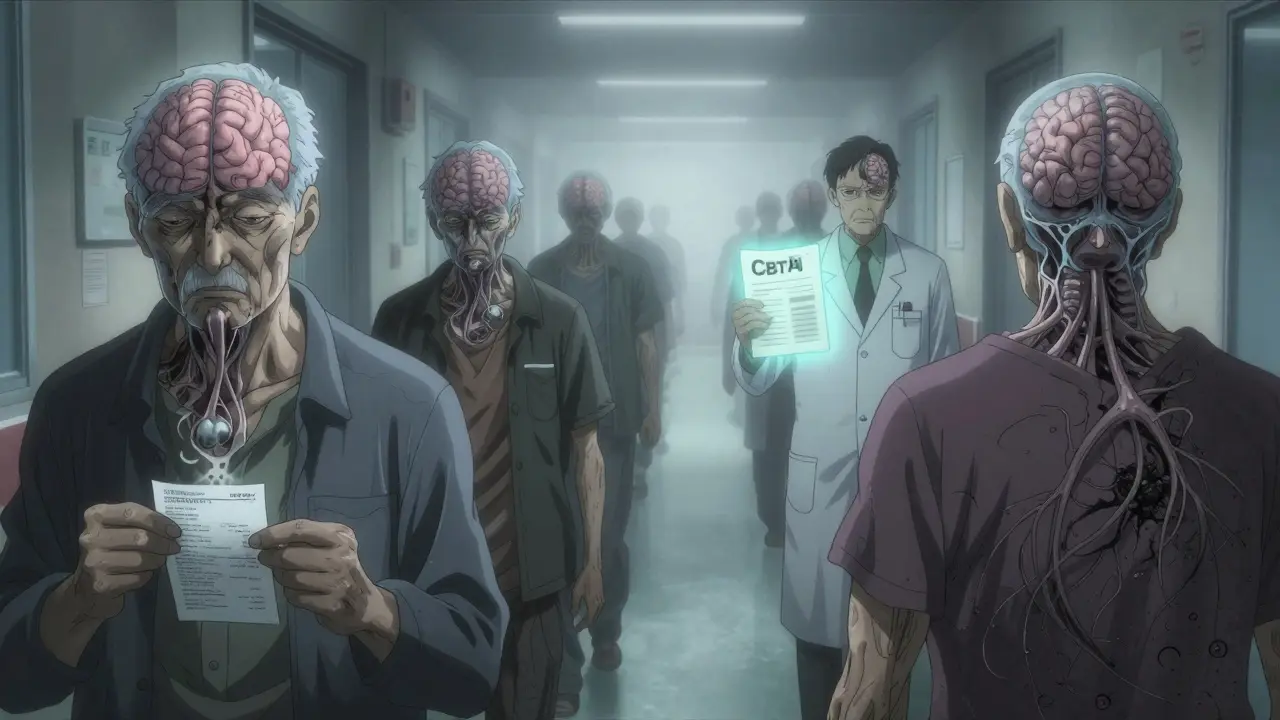 Des patients marchant dans un couloir, leurs cerveaux vides et en décomposition.