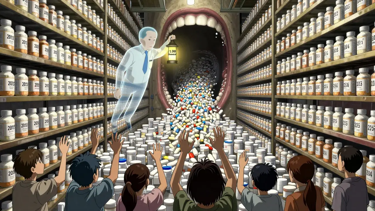 Entrepôt infini de comprimés génériques coulant vers des dossiers en attente, patients tendant les mains, style Junji Ito.