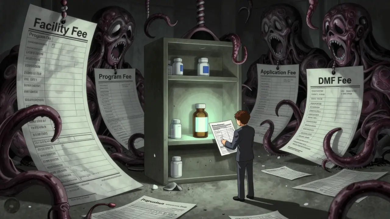 Étagère de pharmacie avec des factures monstrueuses étouffant un petit fabricant, style Junji Ito.