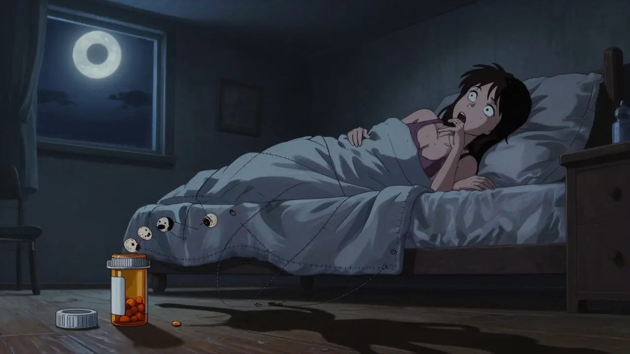 L'ombre d'une femme sort de son lit pour avaler des visages hurlants provenant d'une boîte à pilules.