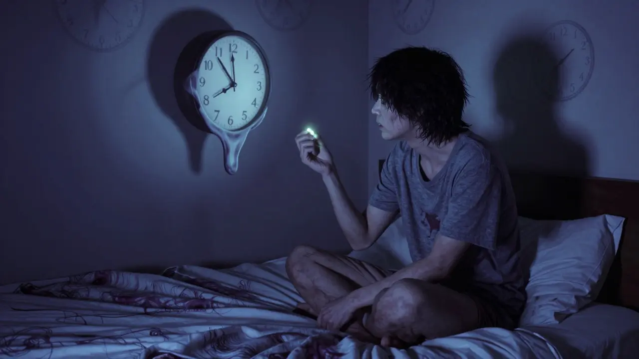 Personne sur lit tenant une pilule, horloge aux ailes fondantes et ombres tordues.