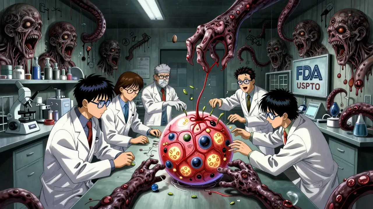 Scientifiques plantant des brevets dans une molécule vivante, entourés de tentacules bureaucratiques et de visages hurlants.