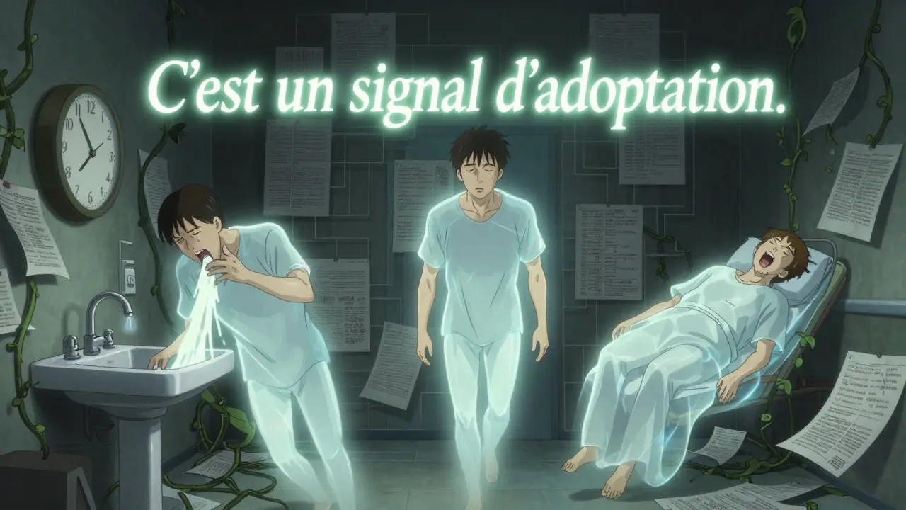 Trois patients flottants qui disparaissent en lumière après 72 heures, avec une phrase lumineuse : 'C’est un signal d’adaptation.'