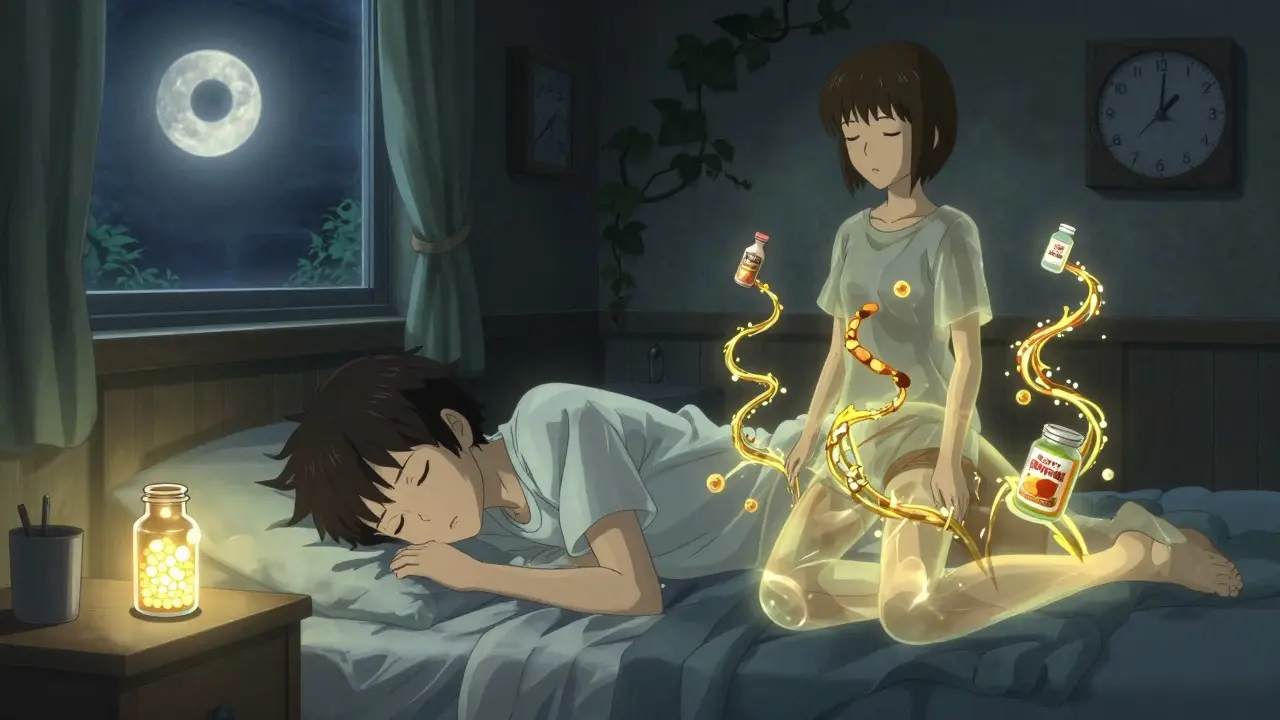 Un adolescent endormi, son corps transparent révélant une version plus saine qui grandit à côté, une bouteille de pilule émet une lumière dorée, une horloge recule.