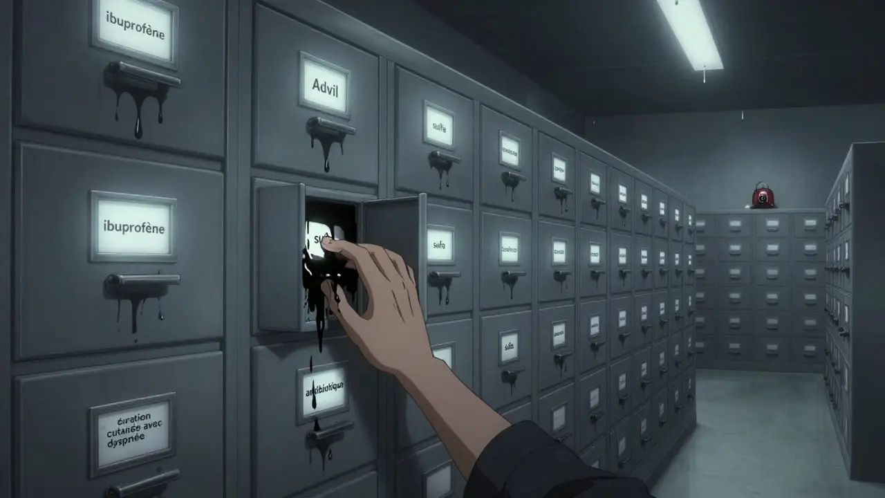 Un armoire de dossiers médicaux qui suinte des noms de médicaments erronés, tandis que des étiquettes précises brillent dans l'obscurité.