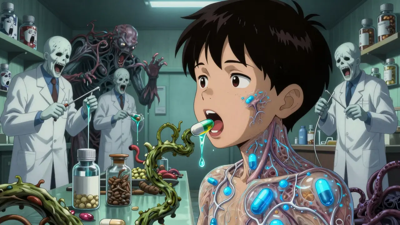 Un enfant avale un médicament en forme de vigne vivante, ses veines brillent d'une lueur bleue, des pharmaciens monstrueux préparent des pilules.