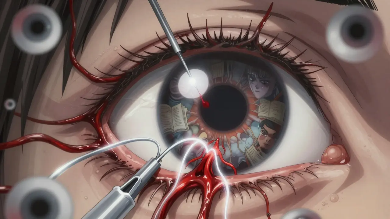 Un œil subissant une injection avec des vaisseaux sanguins anormaux en train d’être détruits.