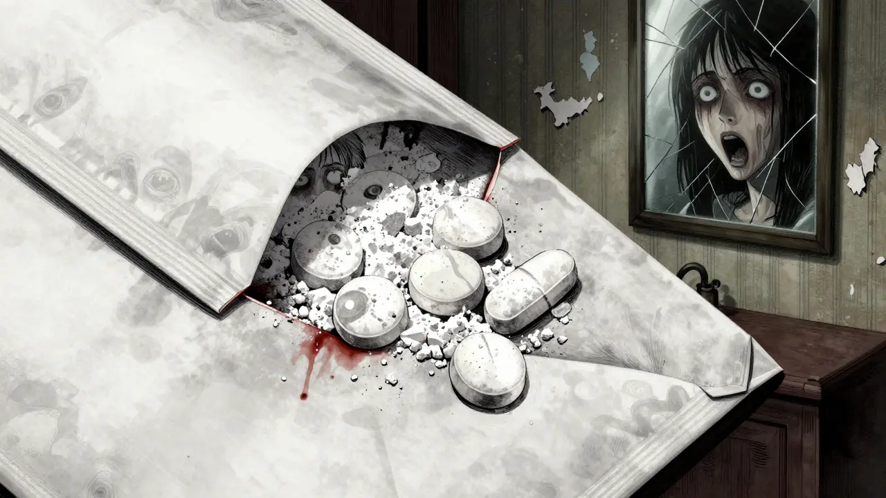 Un paquet de médicaments ouvert révélant des comprimés faits de poudre blanche avec des visages hurlants cachés à l'intérieur, dans un décor sombre et oppressant.