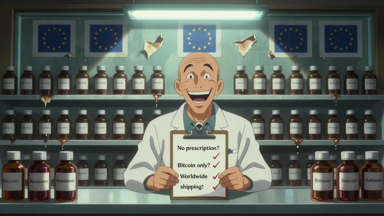 Un pharmacien au sourire déformé dans un bureau rempli de flacons de pilules qui suintent, sous une lumière clignotante et des logos UE qui se décollent comme de la peau.