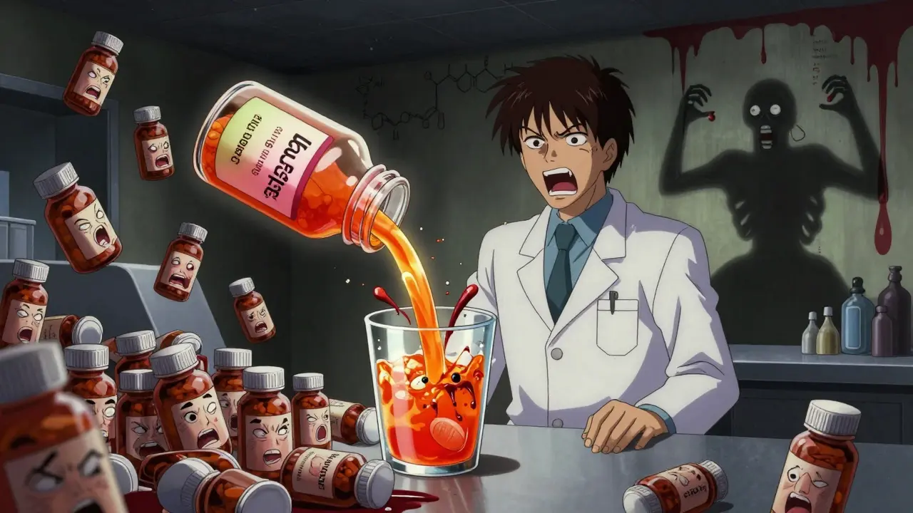 Un pharmacien entouré de bouteilles de médicaments aux visages hurlants, dont une éclate en créature monstrueuse sous l'effet du jus de pamplemousse.