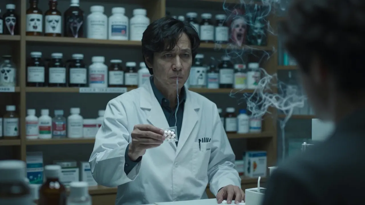 Un pharmacien offrant des pastilles au xylitol à un patient, des fils de salive fantomatiques s’élevant de sa bouche.