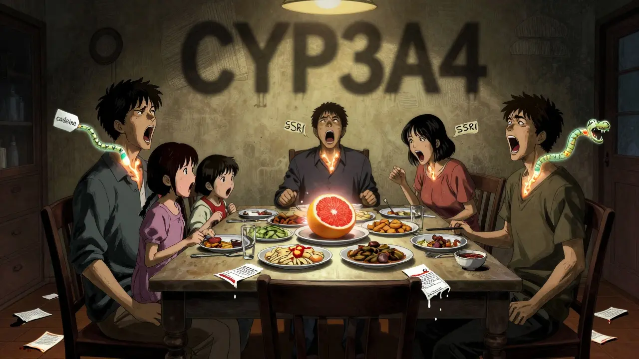 Une famille à table dont les bouches émettent des molécules de médicaments en formes de créatures surnaturelles, sous l'ombre d'un pamplemousse pulsant.