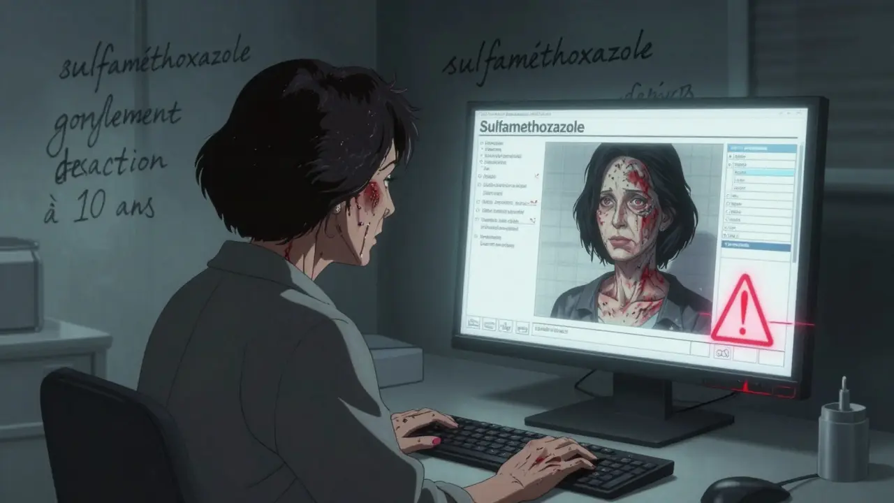 Une femme regardant son dossier médical numérique où son reflet montre une éruption cutanée fantomatique.