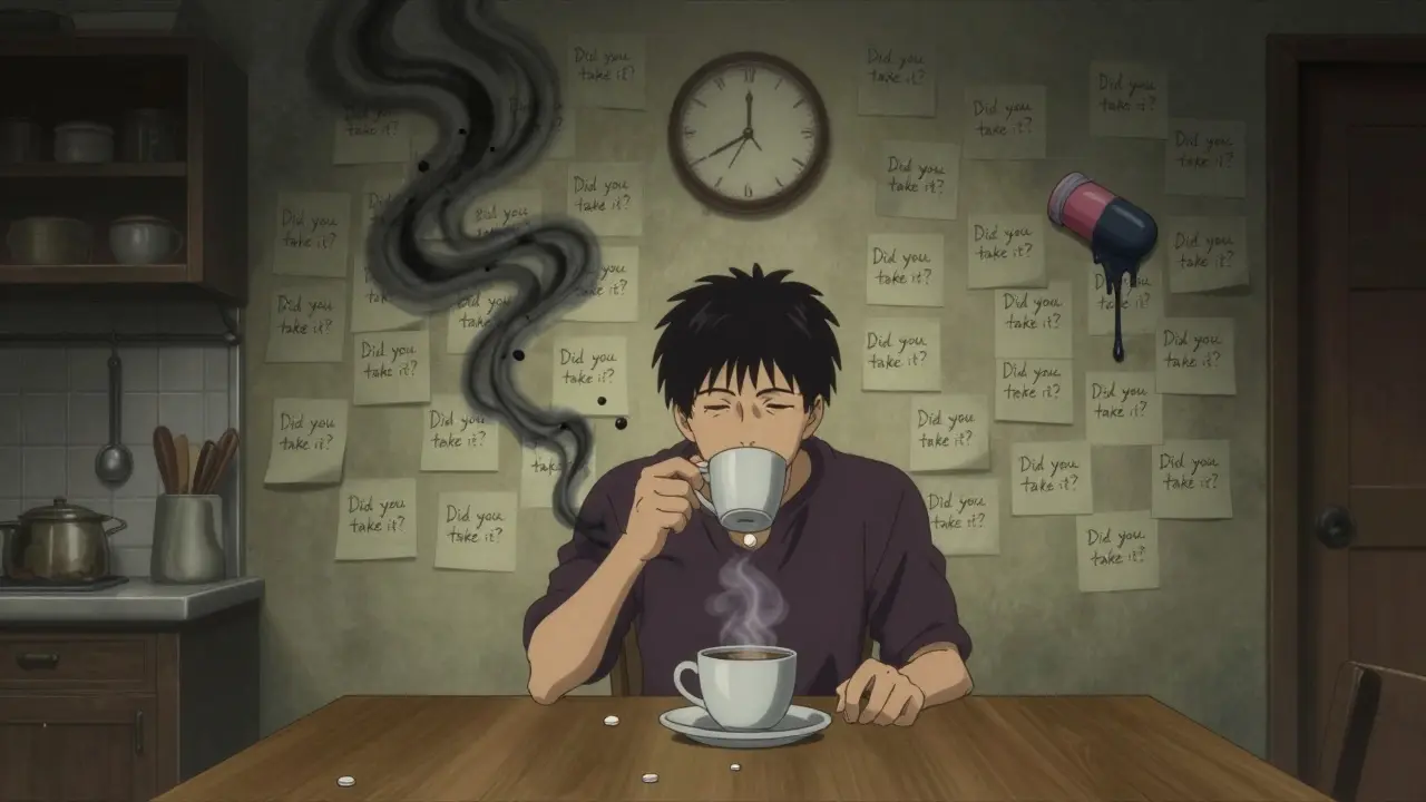 Une pilule flotte au-dessus d'une tasse de café, entourée de notes manuscrites en spirale dans une cuisine sombre.