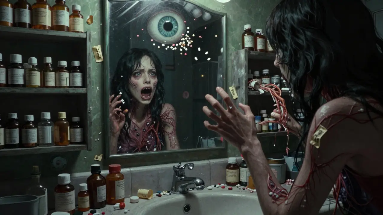 Une salle de bain envahie par des flacons de médicaments aux étiquettes qui hurlent, un œil géant reflété dans le miroir.