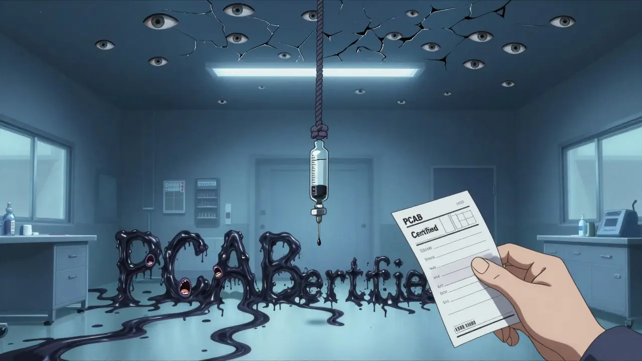 Une seringue fuit une substance tentaculaire noire dans un laboratoire stérile, des yeux regardent depuis le plafond, une ordonnance se transforme en corde.