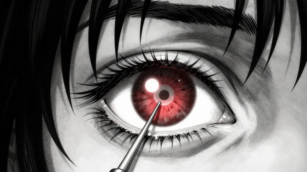 Détail d'une intervention chirurgicale oculaire en encre noire