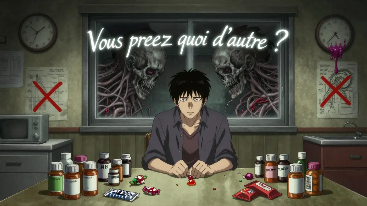 Homme à table entouré de comprimés et bonbons à la réglisse, son reflet montre des veines explosant, avec une question flottante : 'Vous prenez quoi d’autre ?'