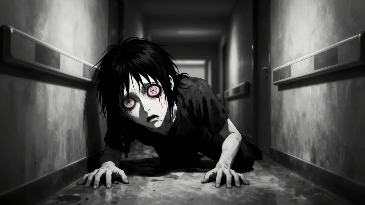 Homme vacillant yeux tourbillons couloir sombre