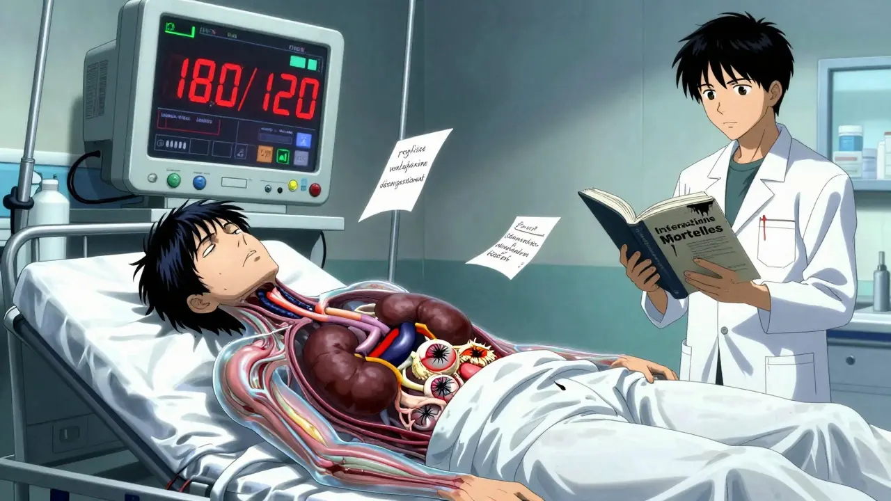 Patient inconscient en urgence, organes en détresse, écrans médicaux et notes volantes révélant des interactions mortelles.