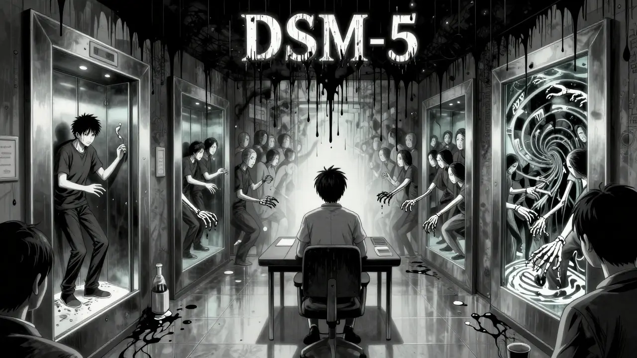 Un bureau de thérapeute transformé en labyrinthe de miroirs déformants reflétant différentes formes d'anxiété.