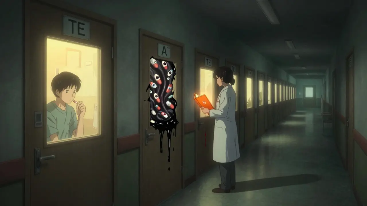 Un couloir infini de portes marquées par des codes TE, dont certaines émettent une lueur douce et d'autres vomissent des comprimés vivants.