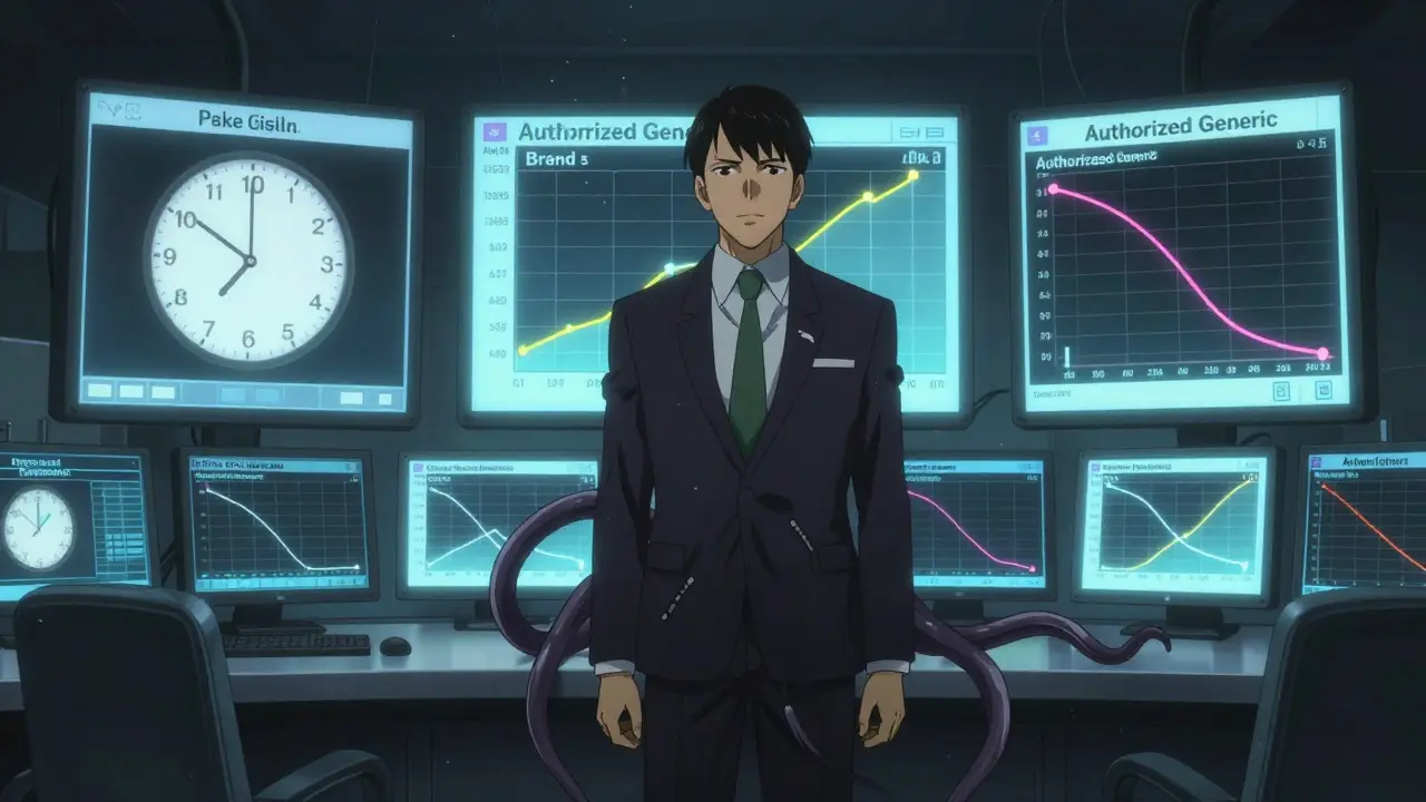 Un dirigeant pharmaceutique dans une salle de contrôle, entouré d'écrans affichant des courbes de prix et des câbles en forme de tentacules.