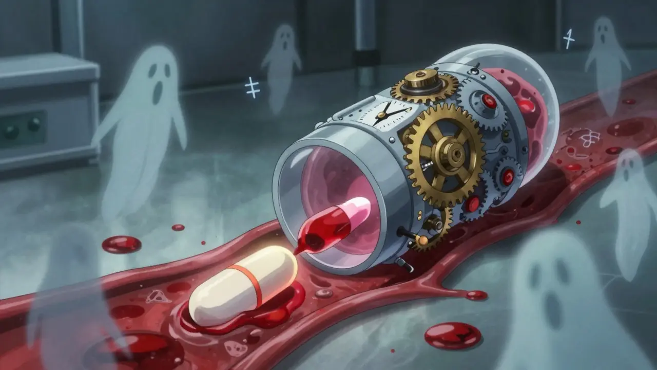 Un dispositif mécanique de libération prolongée délivre une capsule dans un flux sanguin rouge sang, entouré d'ombres flottantes.