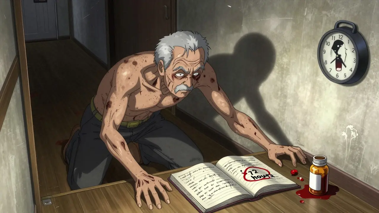 Un homme âgé avec des ecchymoses qui s'étendent comme des encre, son ombre prend vie vers une bouteille de médicaments.