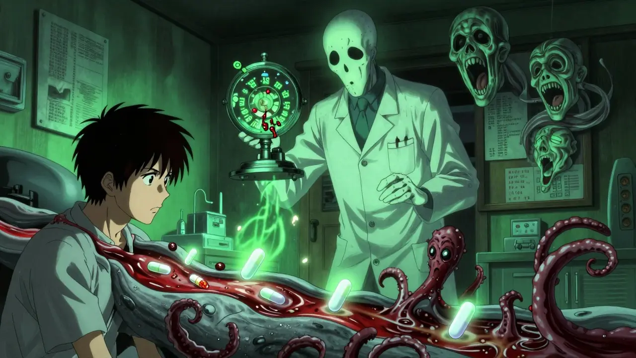 Un patient regardant son sang où des comprimés prennent des formes grotesques, certains sereins, d'autres tentaculaires.