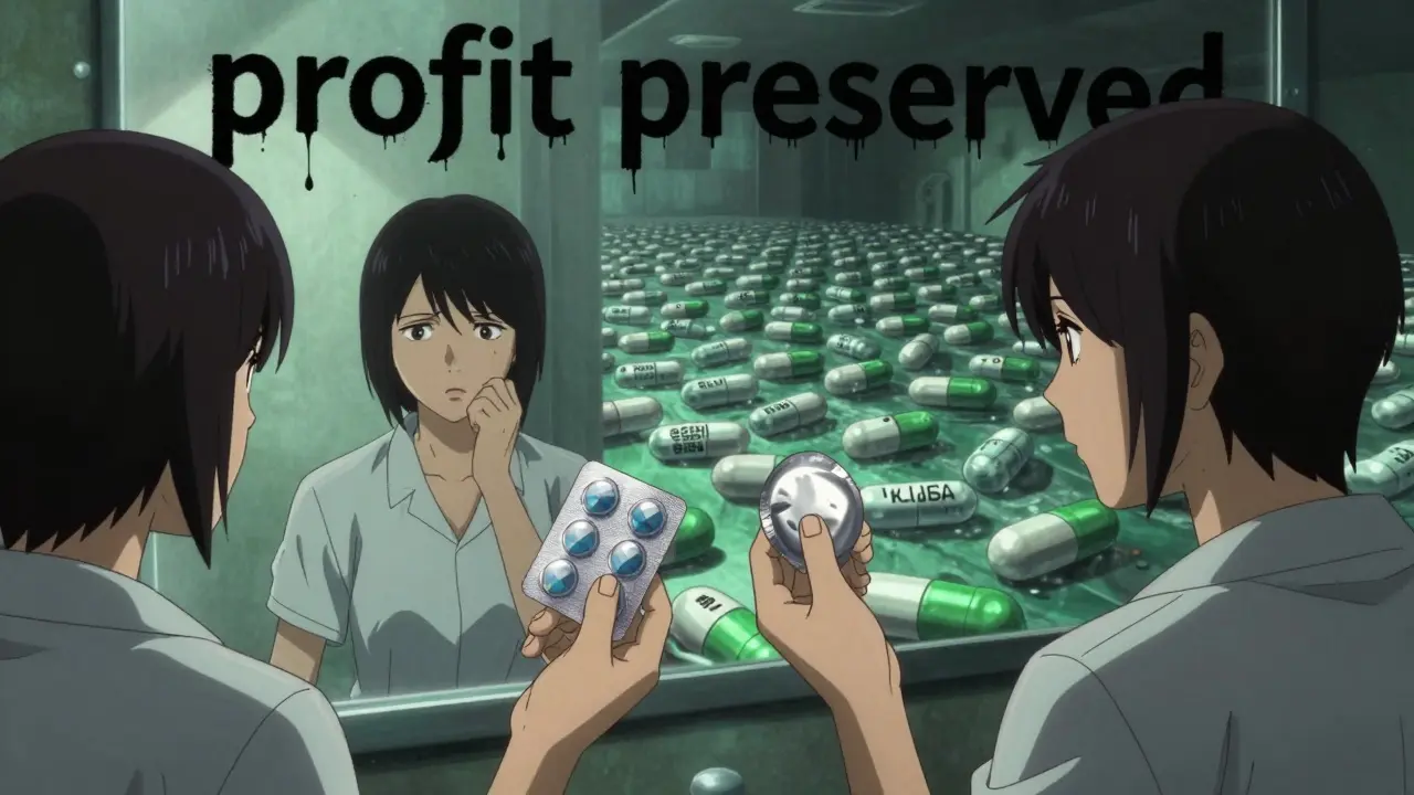 Un patient tenant deux pilules identiques, dont le reflet montre deux versions de lui-même dans un environnement oppressant.